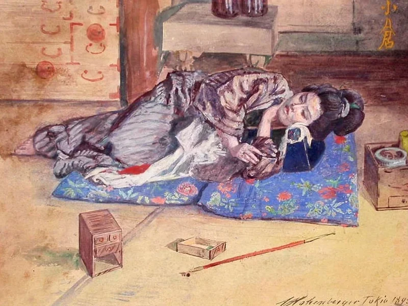 1867-Franz Hohenberger - Donna giapponese sdraiata su un tappeto blu, 1895